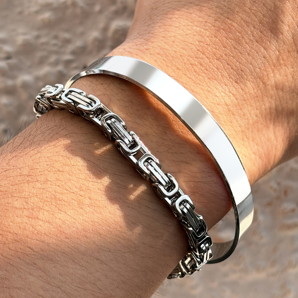 Silver Stainless Steel Geometric Men's Bracelet Set