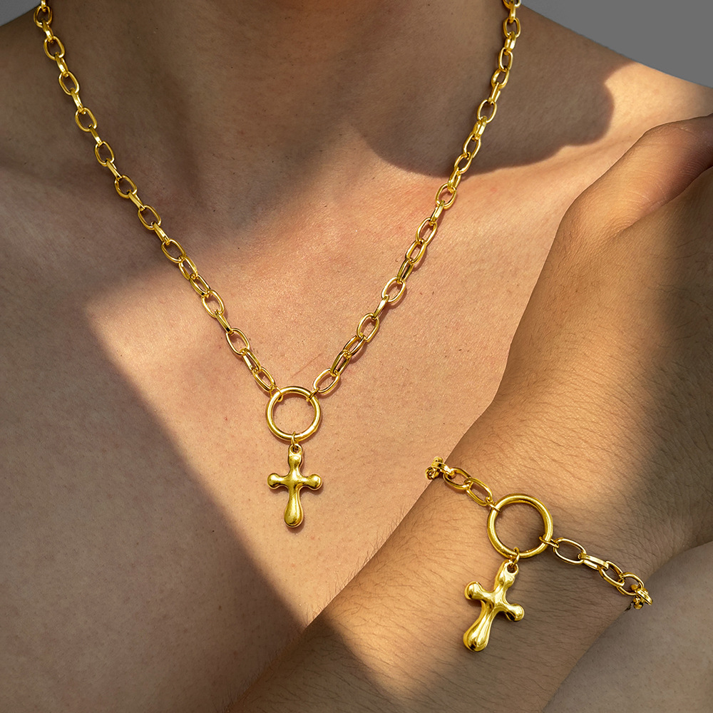 Silver Stainless Steel Cross Necklace Bracelet Set For Men