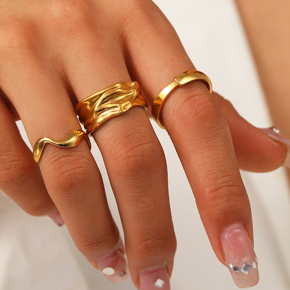 Silver Stainless Steel Irregular Fold Wide Face Ring Set