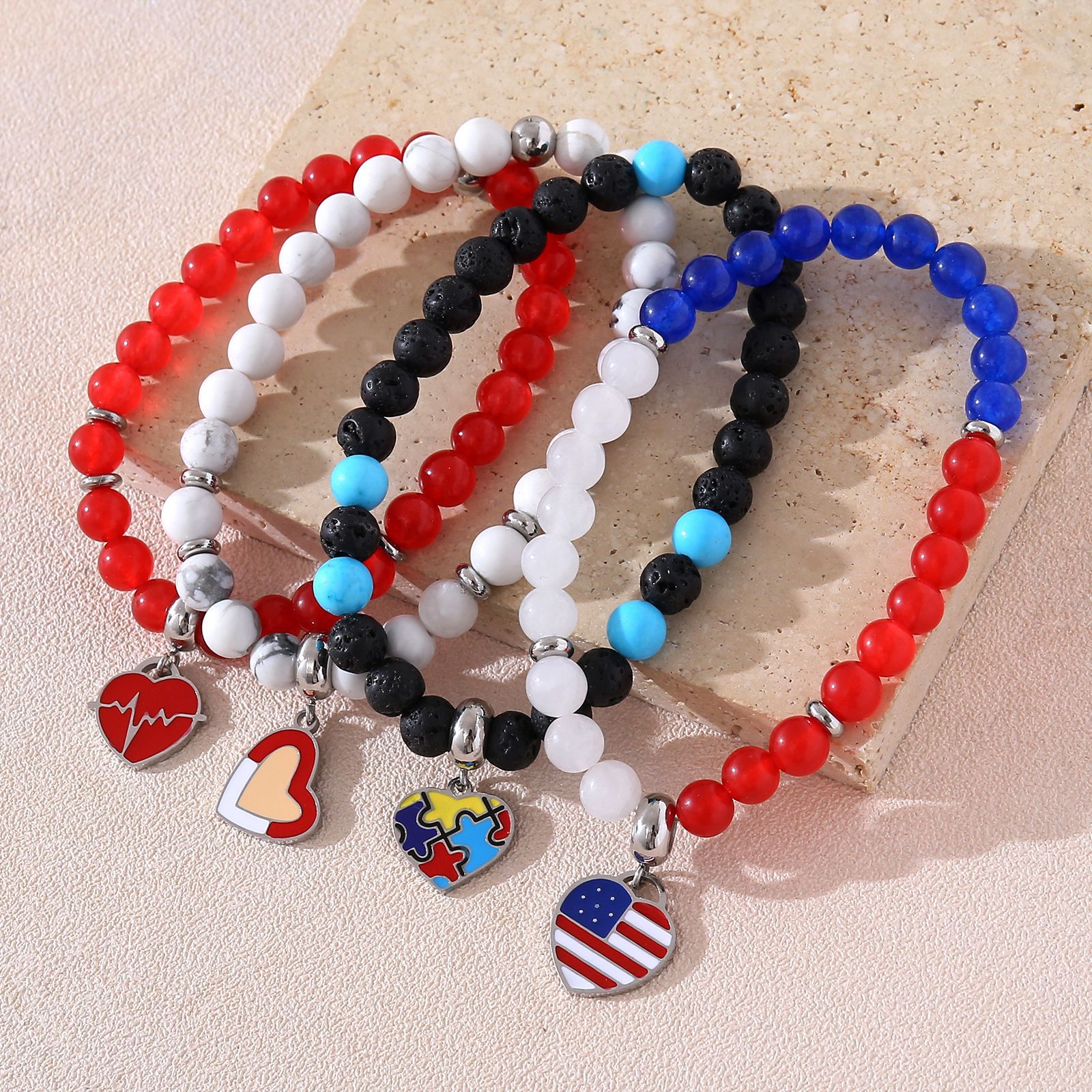 Four Styles One String Each Natural Stone Beaded Heart Men's Bracelet Set