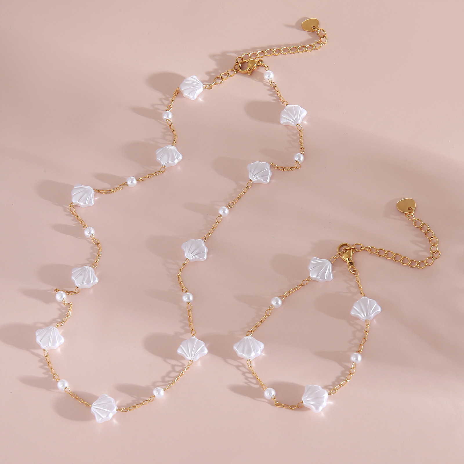 Conjunto De Collar Y Pulsera De Perlas Y Conchas De Acero Inoxidable