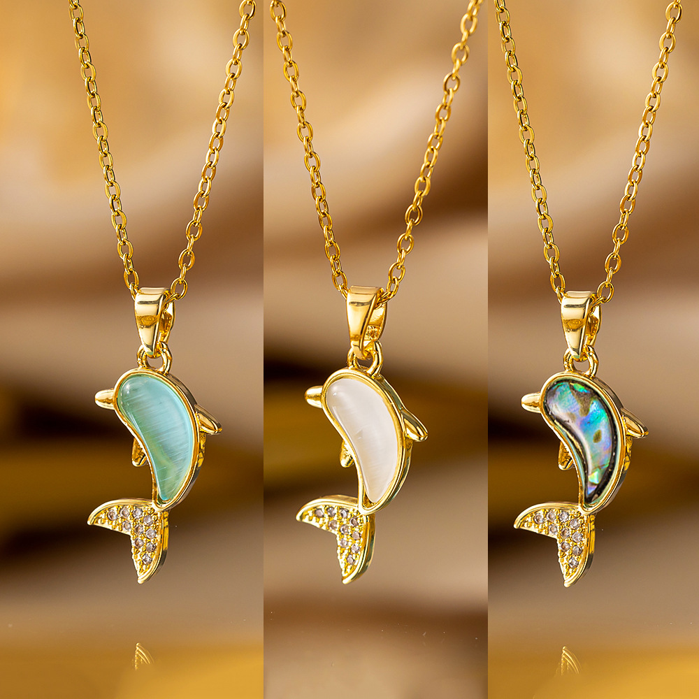 Colorful Dolphin Necklace Gold Titanium Steel And Diamond Dolphin Necklace