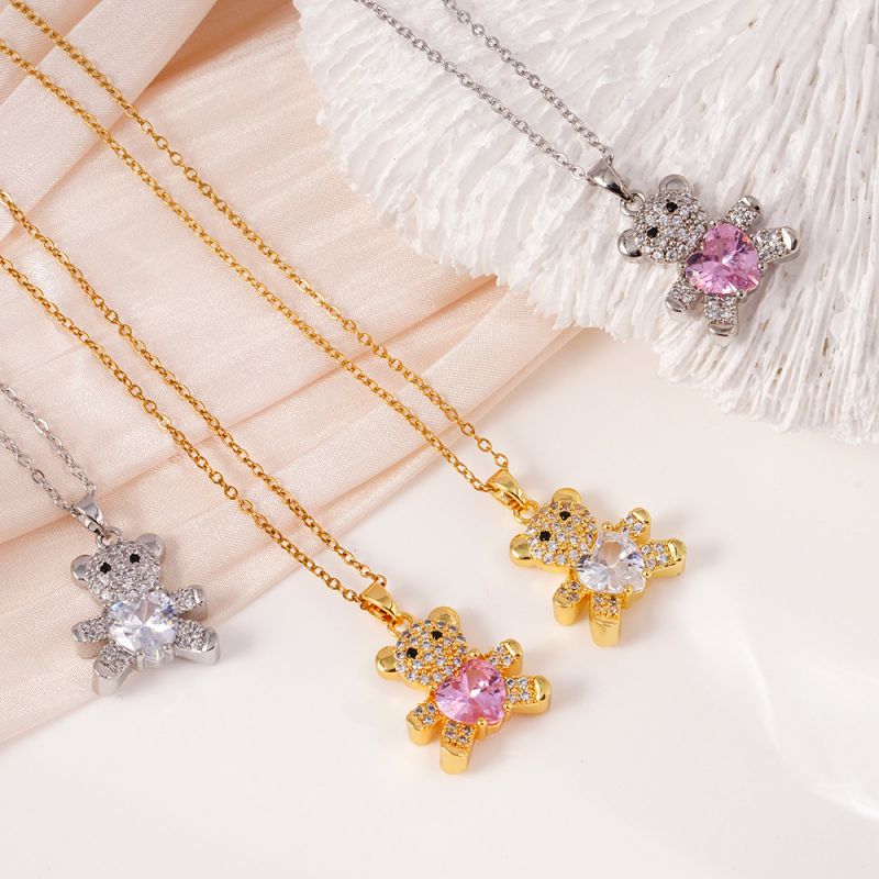 Bear Pink Silver Copper And Diamond Heart Bear Necklace