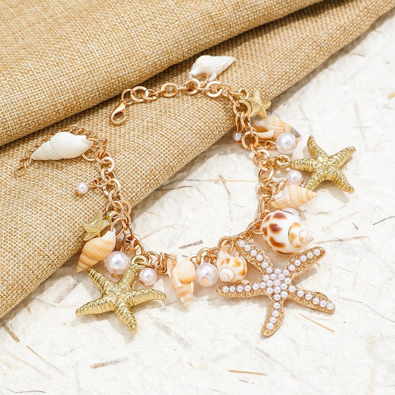 Tobillera De Aleación Con Perla Estrella De Mar Y Caracola