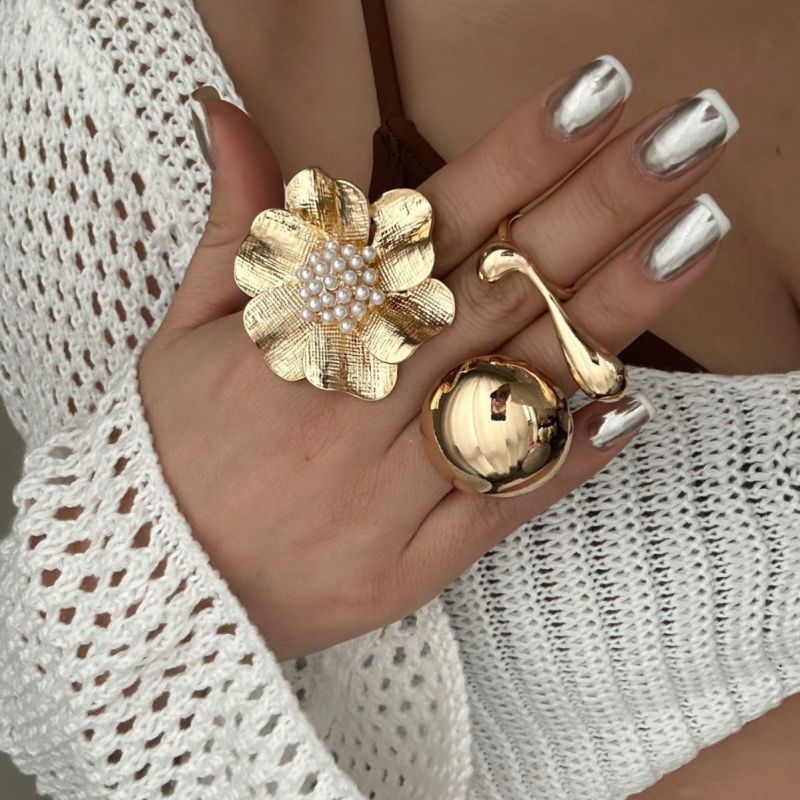 Juego De Anillos Irregulares Con Flor De Perla De Aleación
