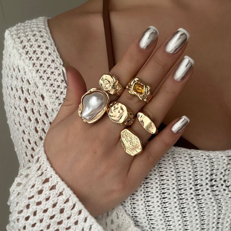 Gold Metal Diamond Pearl Irregular Ring Set