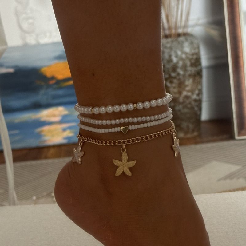 Juego De Tobilleras Con Estrellas De Mar Y Cuentas De Arroz Perlado
