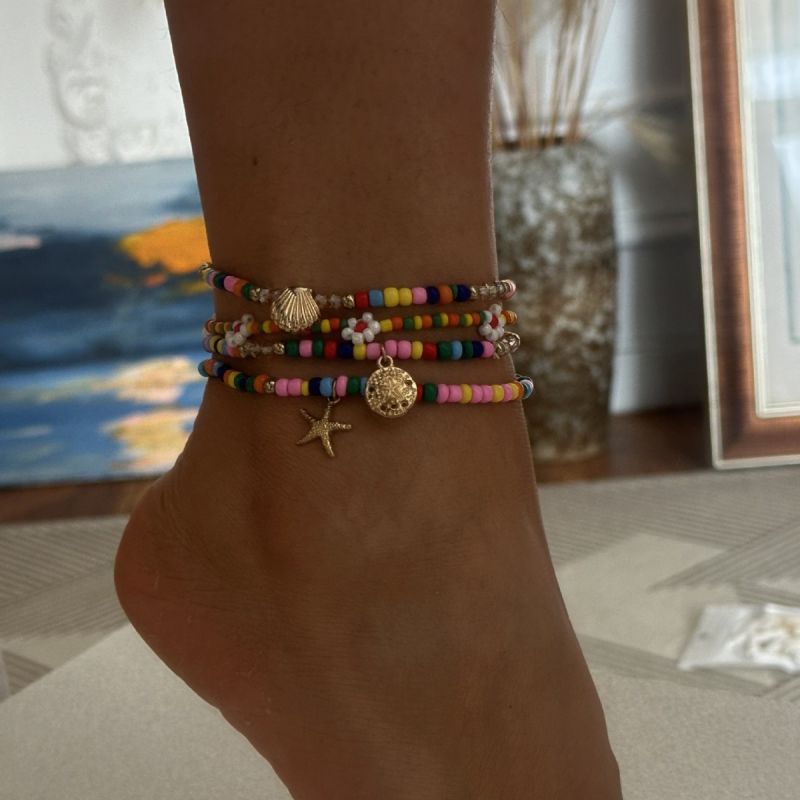 Color Resin Colored Rice Beads Shell And Starfish Bracelet Set
