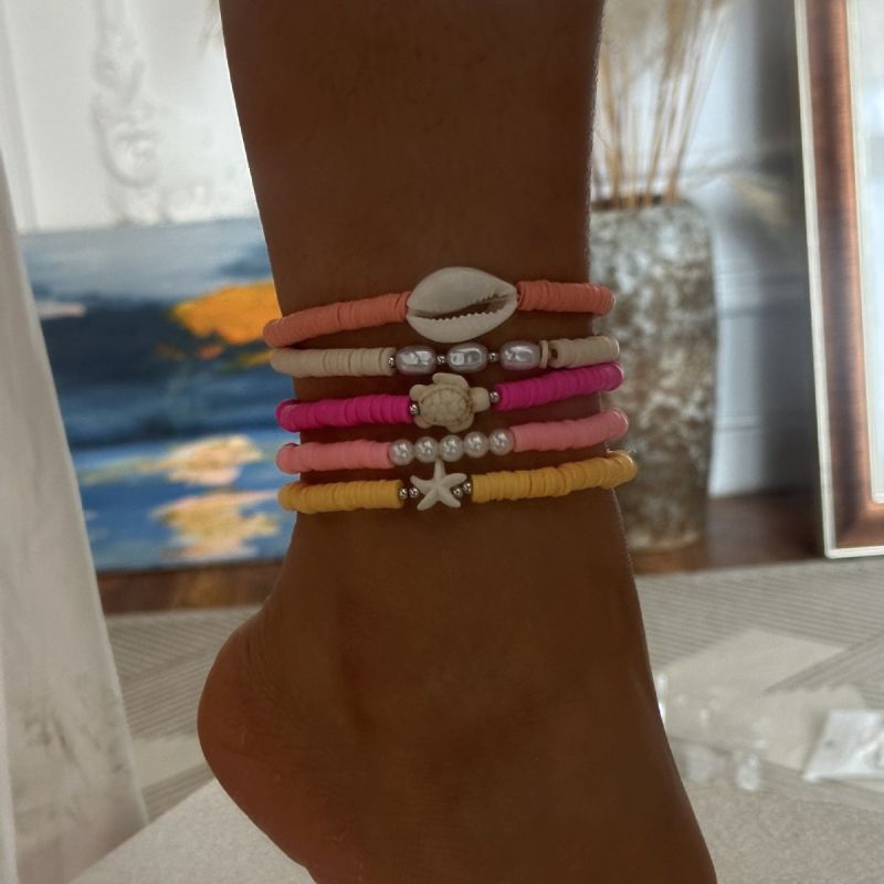 Juego De Tobilleras De Arcilla Polimérica De Colores Con Cuentas De Perlas Estrellas De Mar Y Conchas