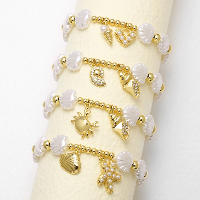 Pulsera De Concha De Cangrejo Estrella De Mar Y Cuentas De Concha Bañadas En Oro Y Cobre