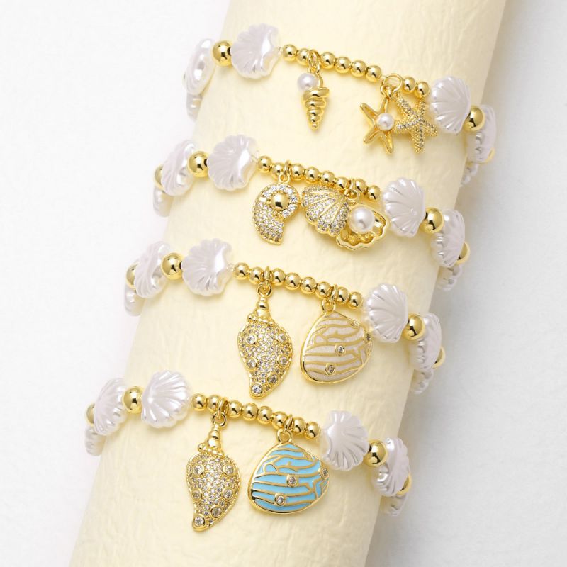 Pulsera Geométrica De Estrella De Mar Con Cuentas De Concha Y Baño De Cobre Y Oro