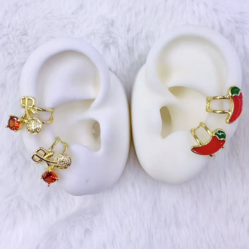 Clip Para Oreja Con Forma De Cereza Y Pimiento Con Diamantes Bañados En Oro Y Cobre [individual]