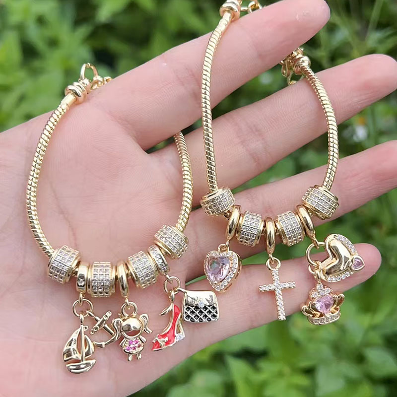 Gold 1 Copper Plated Gold Diamond Heart Cross High Heels Sailboat Bracelet