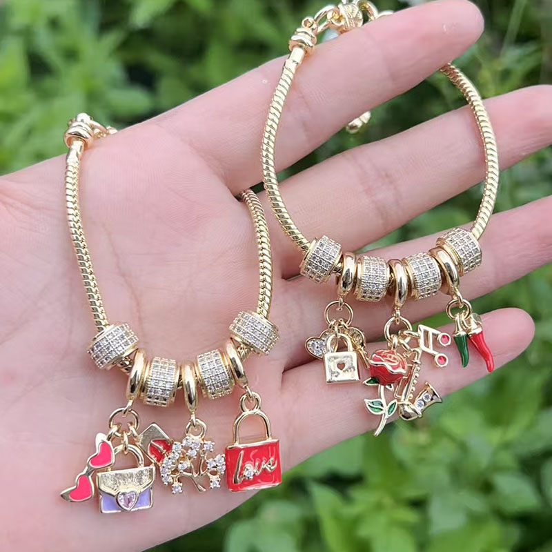 Gold 1 Copper Plated Gold Diamond Handbag Chili Flower Bracelet