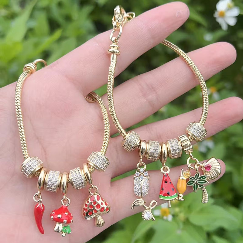 Gold 1 Gold-plated Copper And Diamond Mushroom Flower Coconut Tree Bracelet