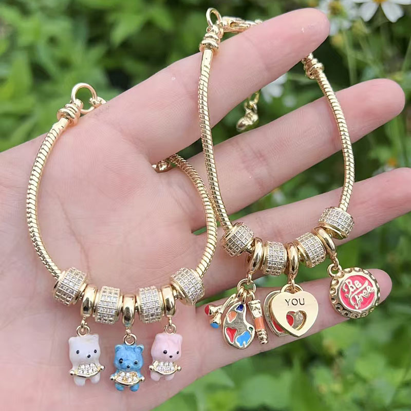 Gold 1 Copper Plated Gold Diamond Heart Palette Bear Bracelet