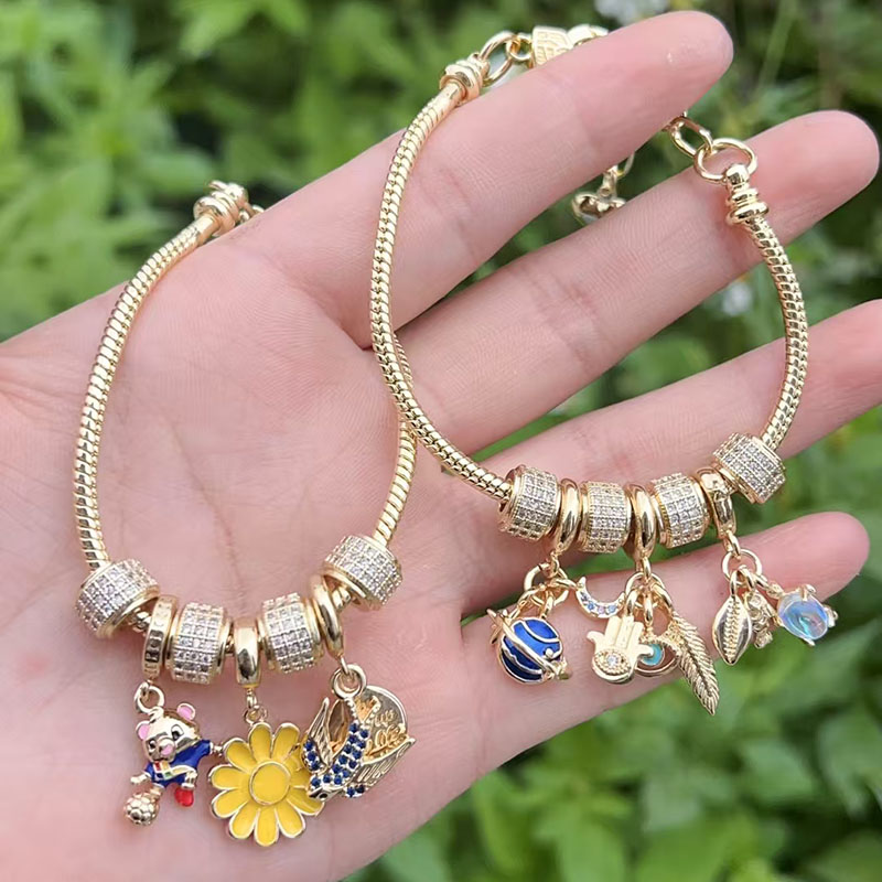 Gold 1 Copper Plated Gold Diamond Flower Palm Turtle Bracelet