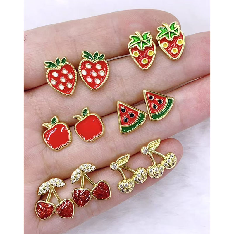 Pendientes De Fresa Sandía Y Cereza Bañados En Cobre Y Oro.