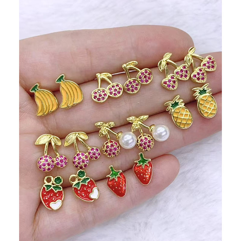 Golden 7 Gold-plated Copper And Diamond Cherry Strawberry And Pineapple Earrings