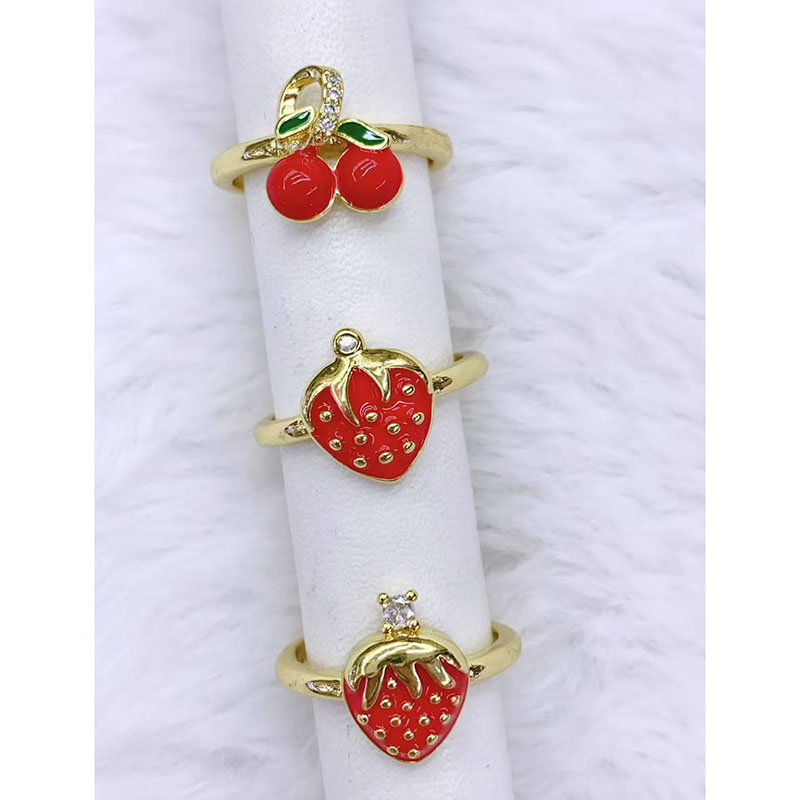 Anillo De Cobre Y Diamantes Con Cereza Y Fresa