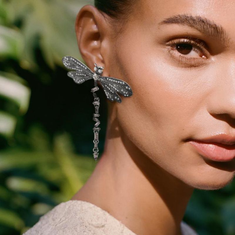 Antique Silver Copper And Diamond Dragonfly Earrings