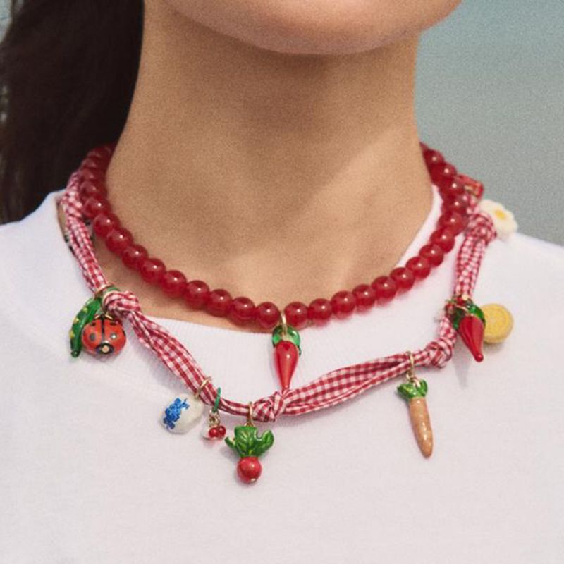 Collar Doble De Chile Con Cuentas De Tela