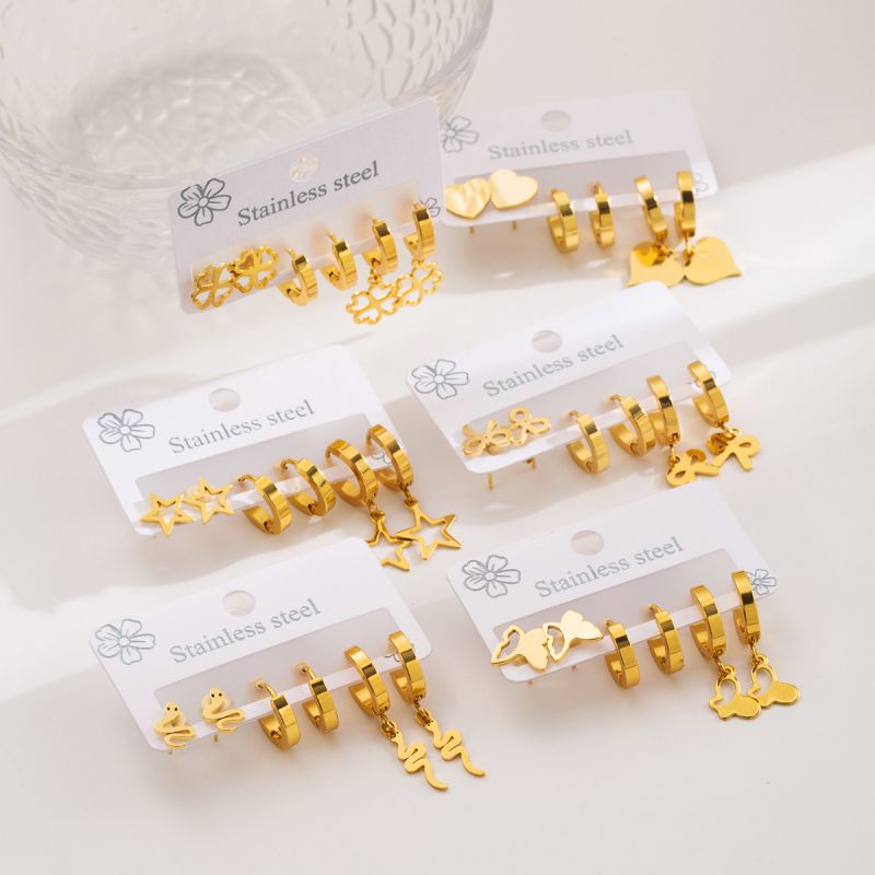 Juego De Pendientes Geométricos De Acero Inoxidable Con Forma De Serpiente Corazón Estrella De Cinco Puntas Y Mariposa.