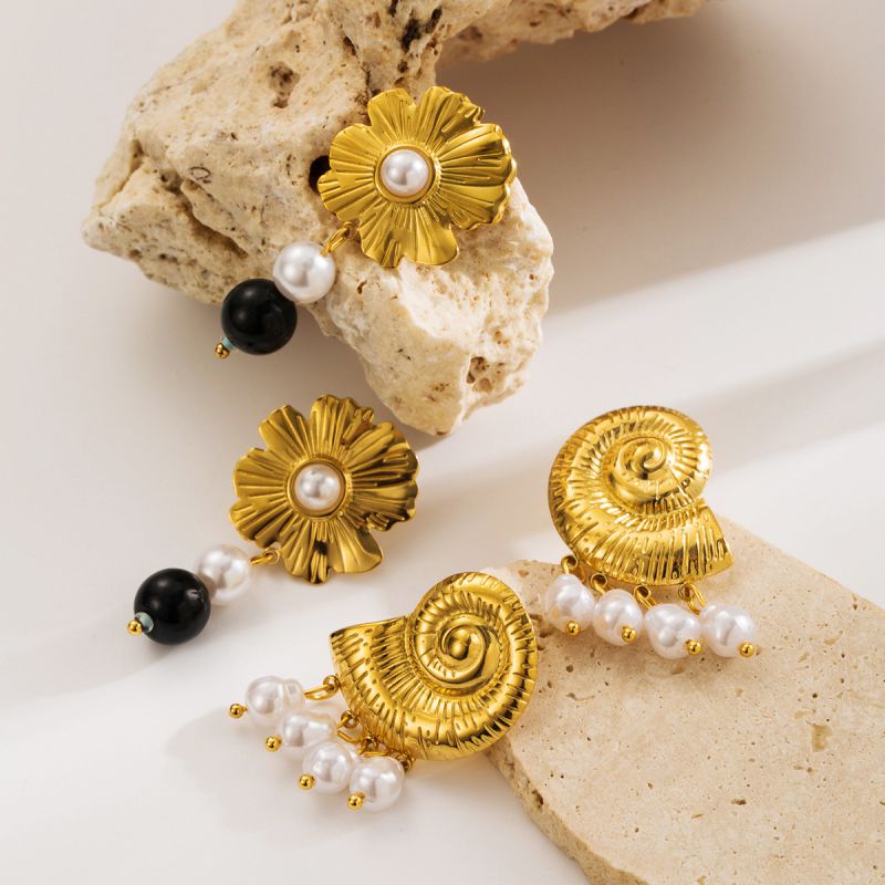 Pendientes De Caracola De Perla De Acero Inoxidable