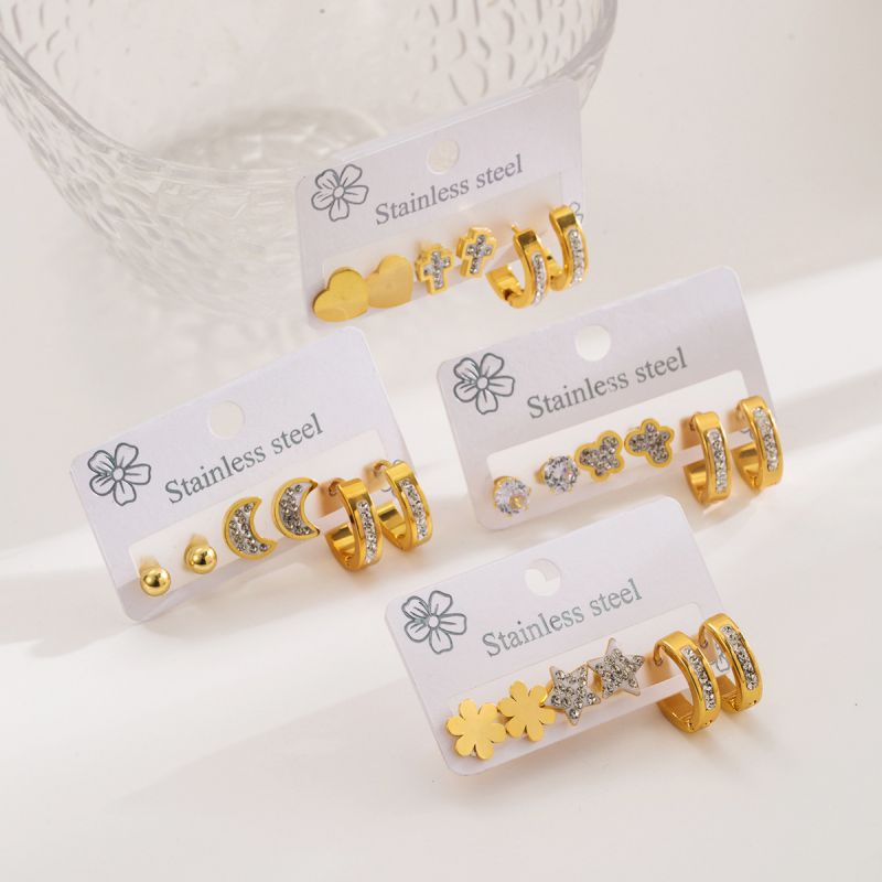 Juego De Pendientes De Acero Inoxidable Con Forma De Pentagrama Mariposa Luna Y Cruz De Diamantes