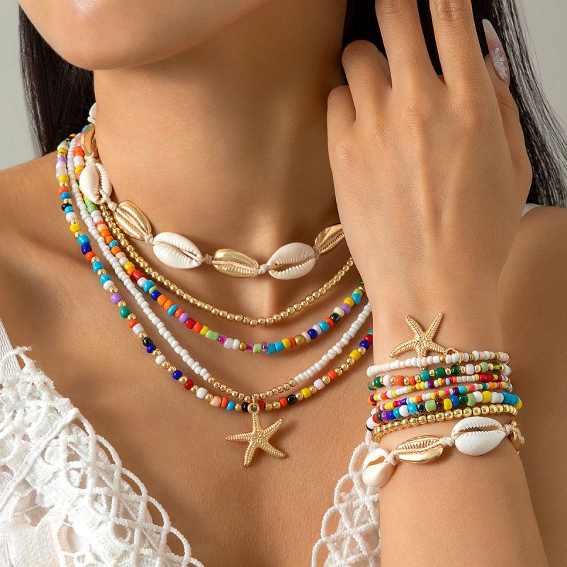Color Colorful Rice Beads Starfish Shell Necklace Bracelet Set