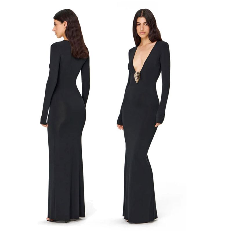 Black Polyester Deep V Pure Long Sleeve Beach Dress