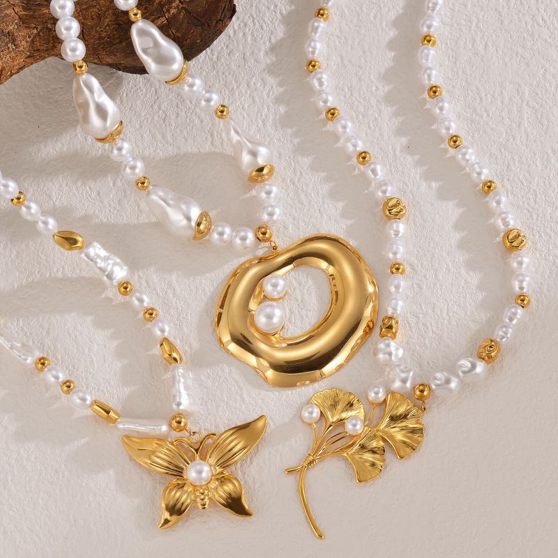 Collar De Acero Inoxidable Con Cuentas De Perlas Mariposa Insecto Hoja De Ginkgo Corazón Redondo