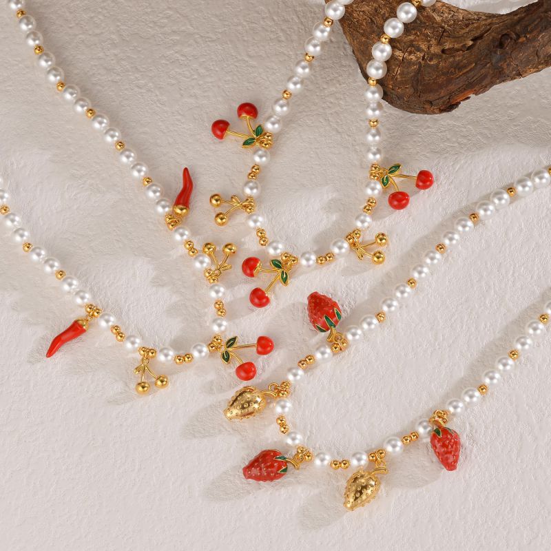 Chili Stainless Steel Pearl Beaded Cherry Strawberry Necklace