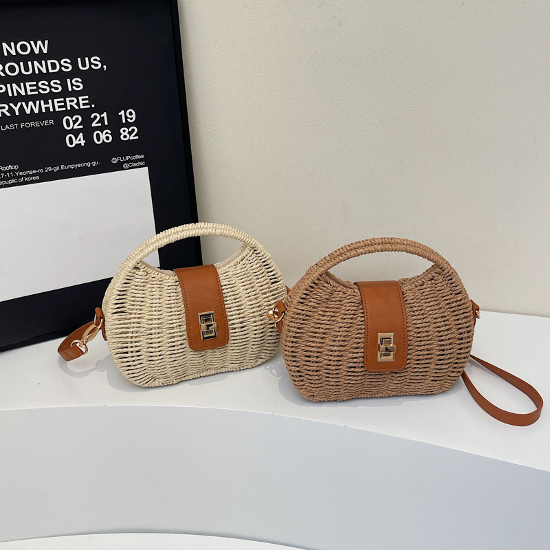 Bolso Bandolera Con Cierre De Paja De Gran Capacidad
