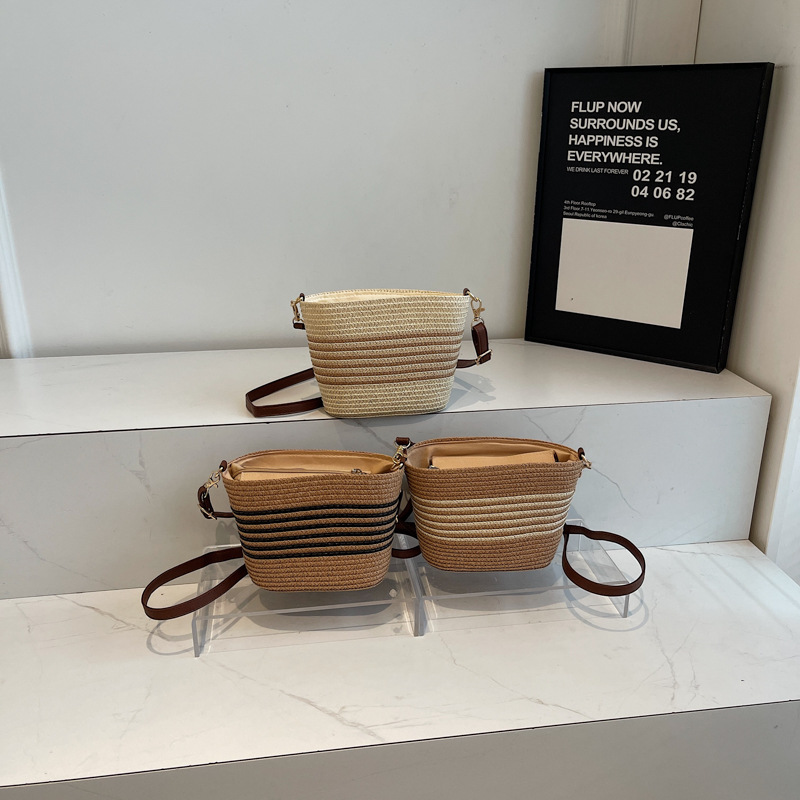 Black Stripes Large Straw Crossbody Bag