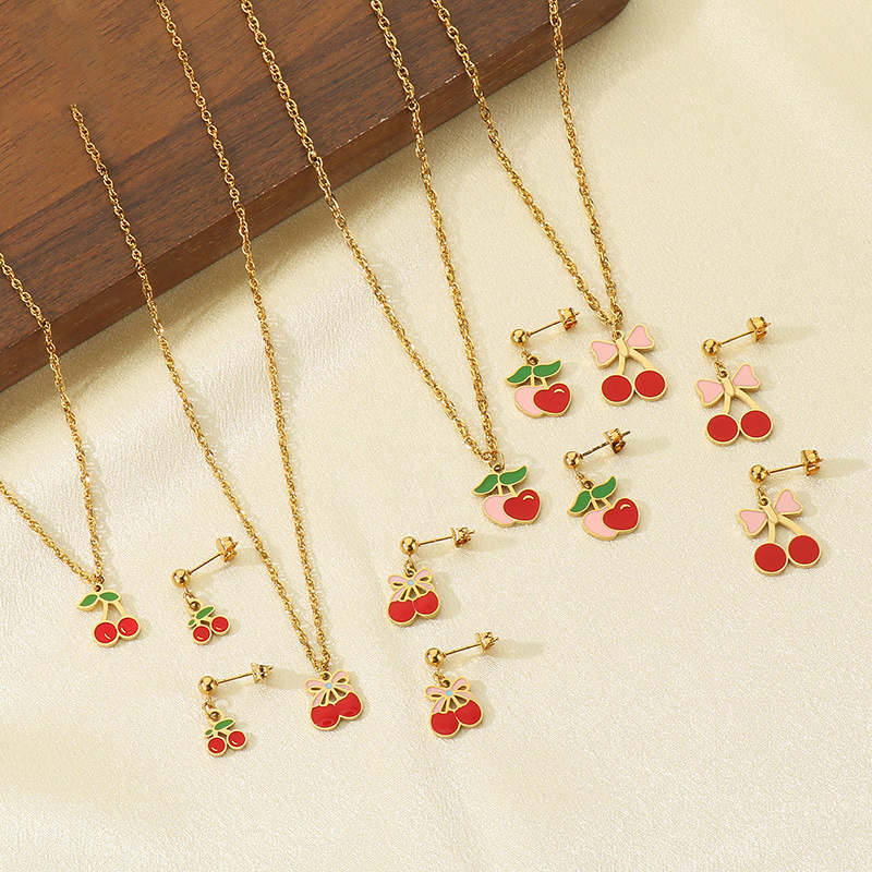 Set 9# Stainless Steel Cherry Necklace Earring Set
