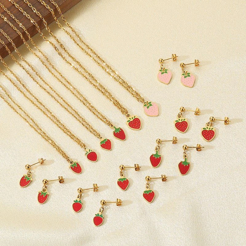 Set 6# Stainless Steel Strawberry Necklace Earring Set