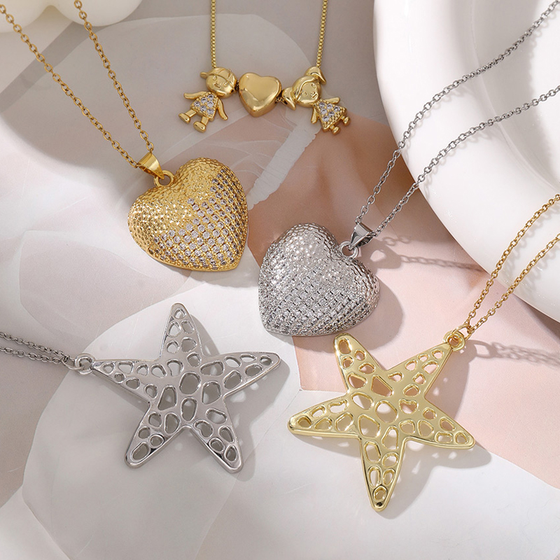 Gold 5 Copper Inlaid Zircon Cartoon Girl Love Boy Necklace (with Needle)