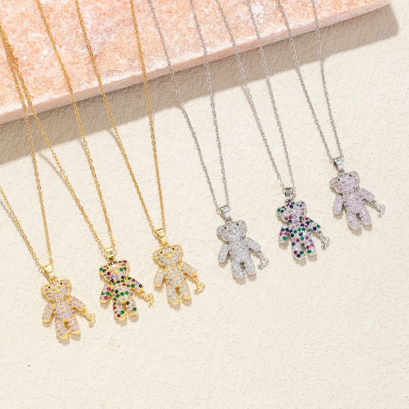 Silver Copper Diamond Bear Necklace