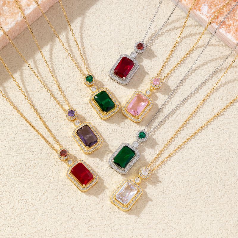 Gold Green Copper Diamond Square Necklace