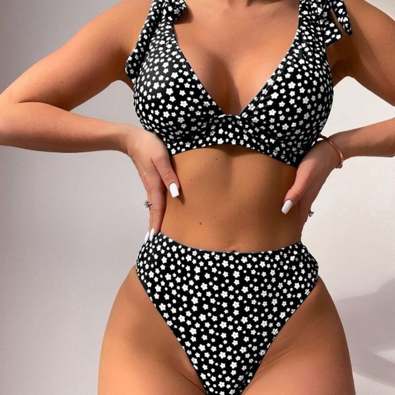 Traje De Baño De Dos Piezas Con Cordones Y Estampado Floral De Poliéster