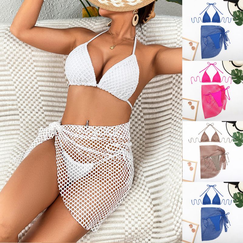 Blue Polyester Lace-up Two-piece Swimsuit Bikini Beach Dress Set