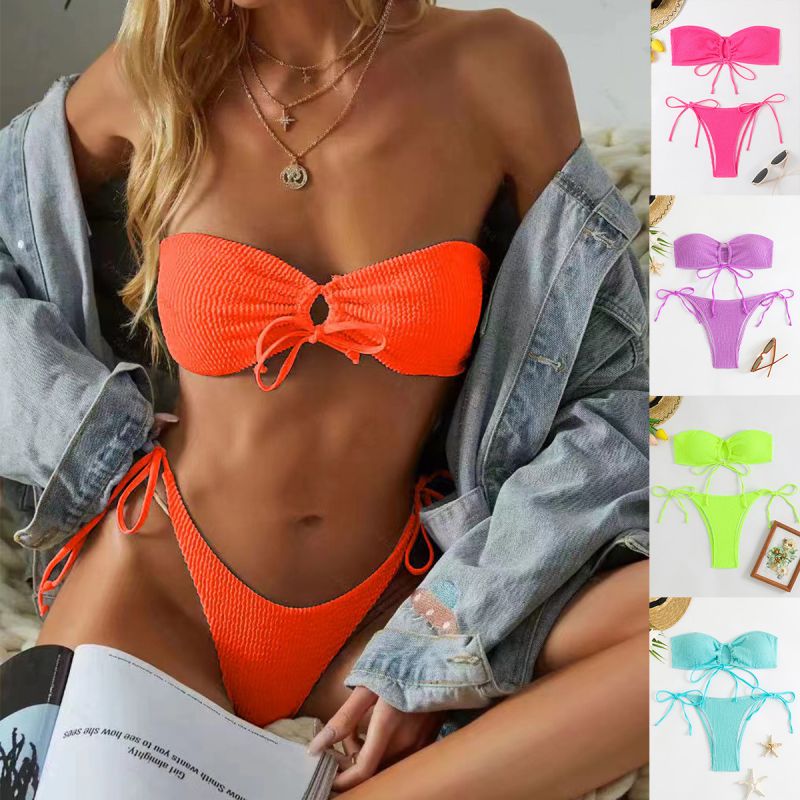 Rose Red Polyester Lace-up Two-piece Swimsuit Bikini