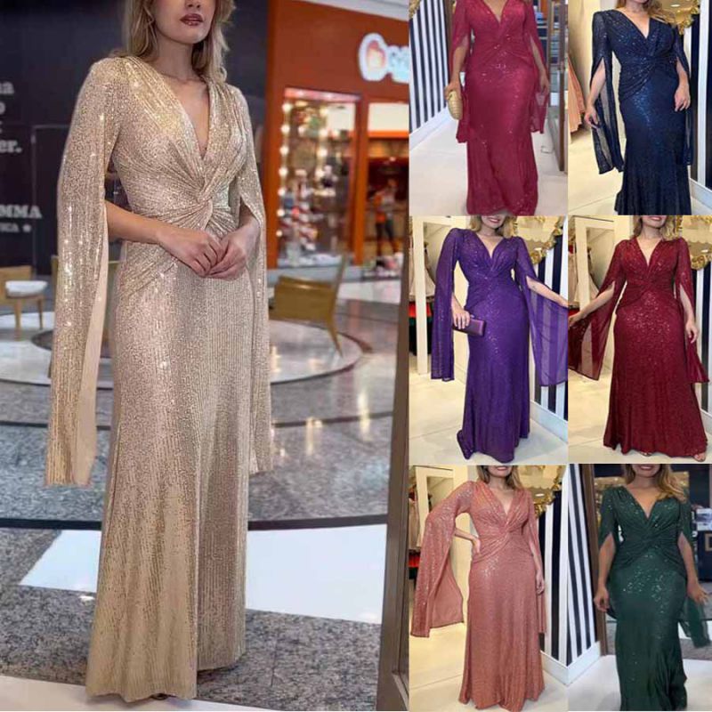 Vestido De Noche Con Lentejuelas Y Escote En V