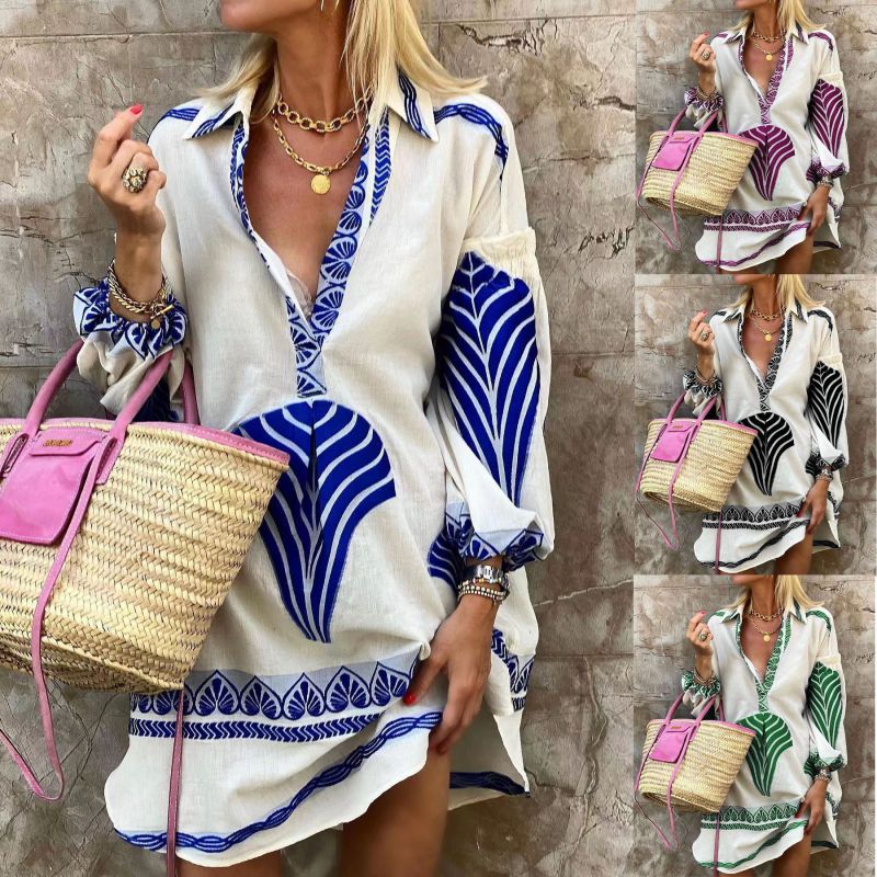 Green Polyester Printed Lapel Shirt