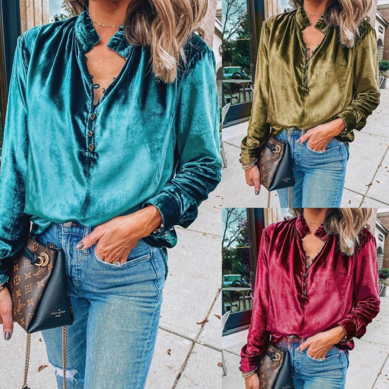 Tan V-neck Velvet Long-sleeved Shirt