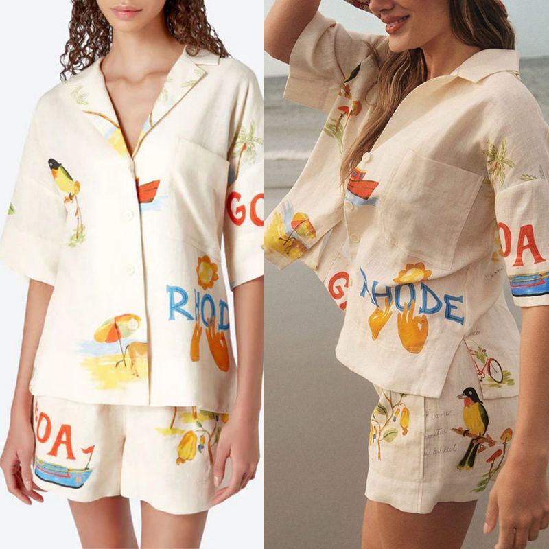 White Polyester Printed Lapel Shirt Shorts Set
