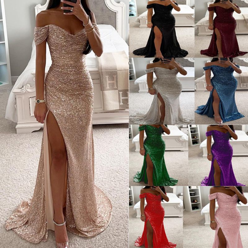 Vestido Con Abertura Y Cuello Barco Con Lentejuelas