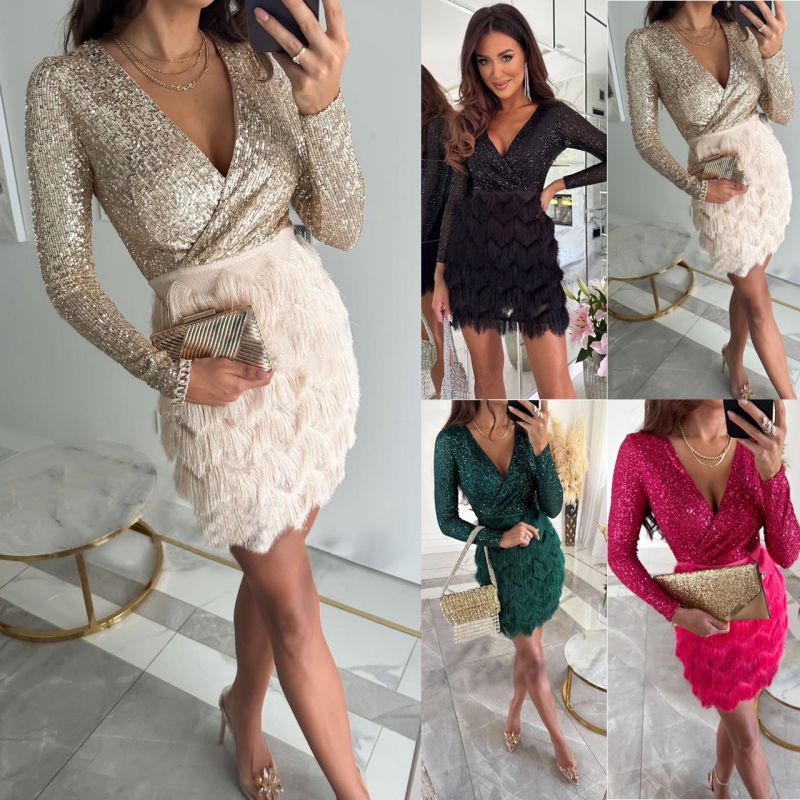 Champagne Sequined V-neck Fringe Skirt
