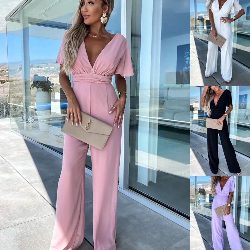 Black V-neck Short-sleeved Wide-leg Jumpsuit